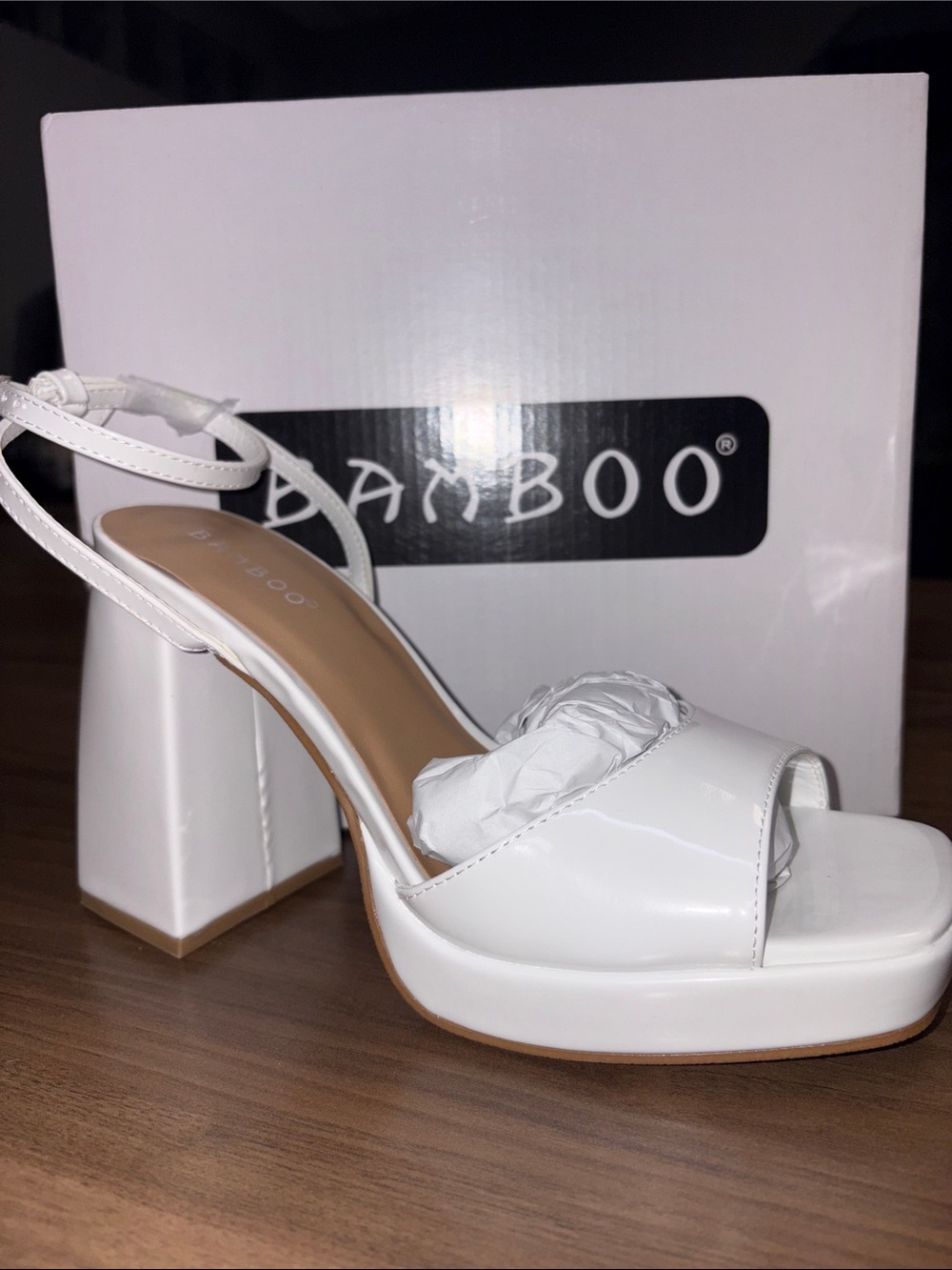 BAMBOO White Platform Block Heel Sandals with Ankle Strap
